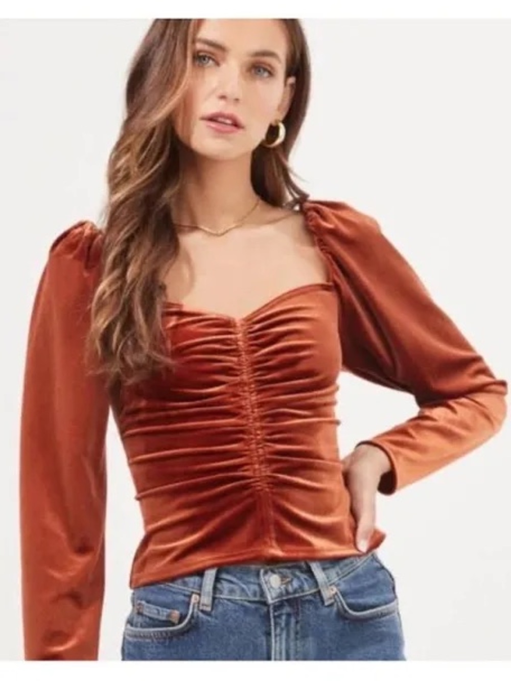 ASTR The Label Vanya Rust Orange Velvet Puff Long Sleeve Size Small
